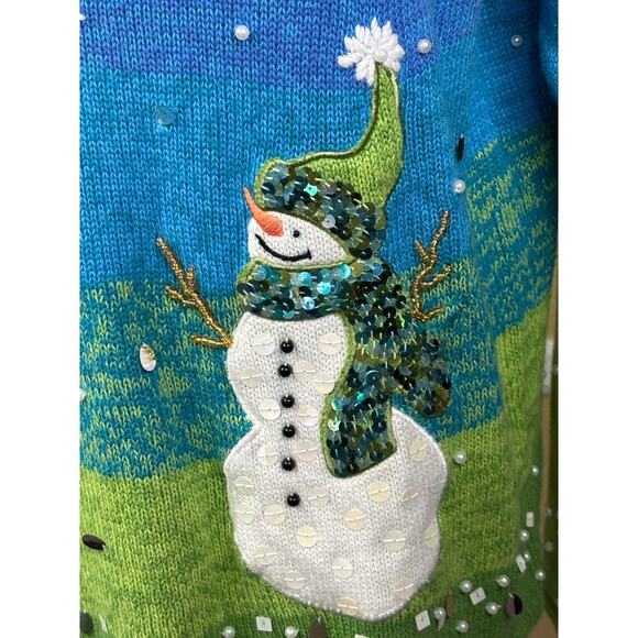 Timber Lea snowman sweater, blue/white, vintage, winter, holiday, whimsical - Picture 5 of 7